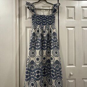 Blue and white embroidered midi dress